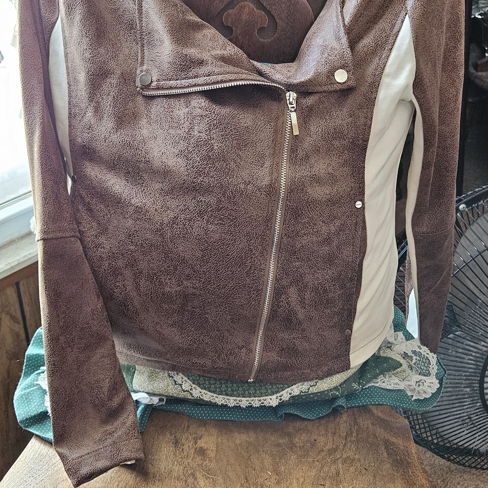 Lyssé New York Faux Suede Moto Jacket Brown Distressed Vegan Leather Size S